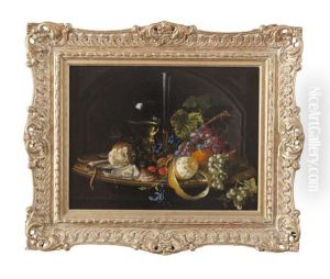 Still Life With Glasses Of Wine, Grapes, Bread, Lemon And Oysters On A Platter by Sara Henze