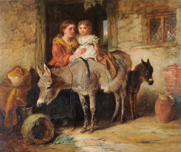 Mother And Child With Donkeys Beside A Cottage Door - view 1