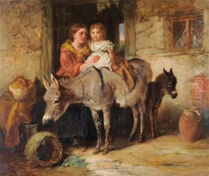 Mother And Child With Donkeys Beside A Cottage Door by Isaac Henzell