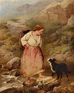 Pige Med Sin Hund I Et Bjerglandskab Pige Med Sin Hund I Et Bjerglandskab