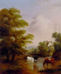 Cattle Watering Before A Cottage In A Wooded Landscape Cattle Watering Before A Cottage In A Wooded Landscape
