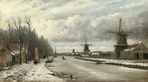 Strolling Along A Frozen River by Johannes Jacobus (Jan) Heppener