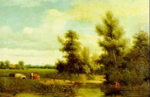 A River Landscape With Figure Fishing From A Boat, Cattle Resting By The River An Extensive View Beyond by Johannes Jacobus (Jan) Heppener