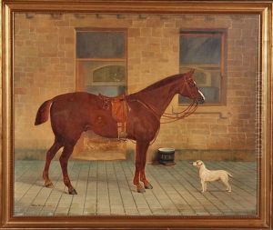 A Portrait Of A Chestnut Hunter And Spaniel In A Stable Yard