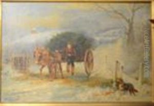 Boy With A Donkey Cart In A Winter Landscape
