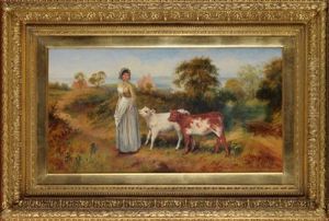 A Farmgirl And Two Calves On A Path Overlooking Runswick Bay, North Yorkshire