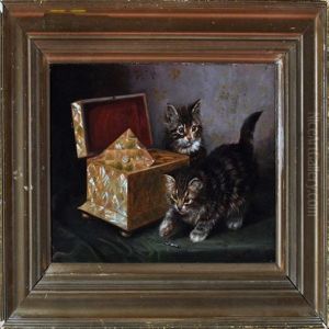 Two Kittens At Play Near A Mother-of-pearl Tea Caddy by Wilson Hepple