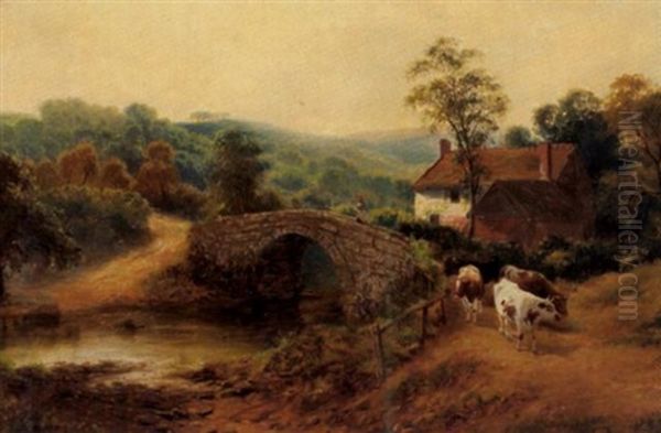 Landschaft Mit Heimkehrender Kuhherde Auf Einer Steinbrucke - view 1