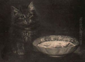 A Kitten Waiting By A Blue And White Dish by Wilson Hepple