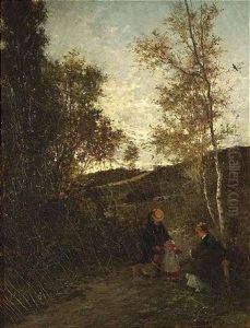 Zwei Frauen Mit Einem Kind Und Hund In Wolkenverhangener Landschaft by Theodor Her