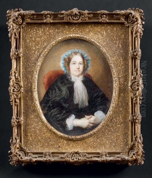 Portrait D'une Dame De Qualite Assise Legerement Vers La Droite, En Robe De Satin Noir Borde De Dentelle Et Coiffee D'un Bonnet Attache Par Un Ruban Bleu Turquoise - view 1