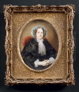 Portrait D'une Dame De Qualite Assise Legerement Vers La Droite, En Robe De Satin Noir Borde De Dentelle Et Coiffee D'un Bonnet Attache Par Un Ruban Bleu Turquoise by Jeanne Mathilde Herbelin