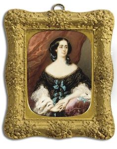 Countess Pernety With Her Clasped Hands, Her Left Arm Leaning On A Red Tasselled Cushion, In Black Lace Dress With White Lace Sleeves, Turquoise Silk Bows Fastened To Her Bodice, Ermine Stole by Jeanne Mathilde Herbelin
