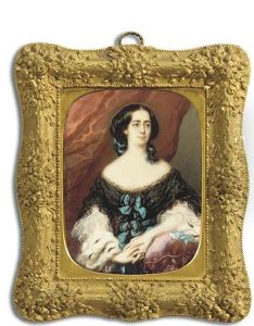 Countess Pernety With Her Clasped Hands, Her Left Arm Leaning On A Red Tasselled Cushion, In Black Lace Dress With White Lace Sleeves, Turquoise Silk Bows Fastened To Her Bodice