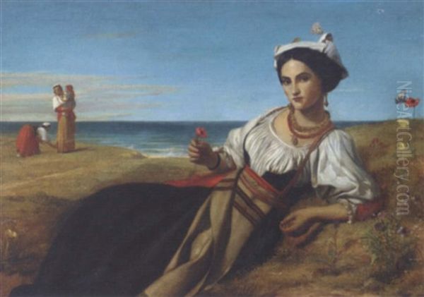 A Girl Collecting Poppies Reclining In A Coastal Landscape - view 1
