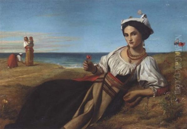 A Girl Collecting Poppies, Reclining In A Coastal Landscape - view 1