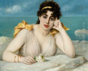 Woman With White Rose In Front Of The Sea
