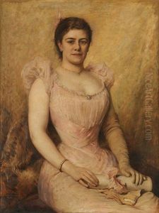 Portrait D"une Dame En Robe De Soiree Tenant Un Diplome Entre Les Mains