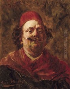 Defense De Fumer (zelfportret Met Fez) by Leon Herbo