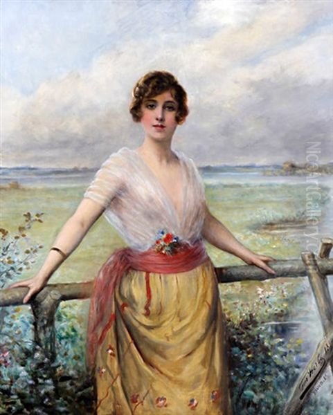 Reverie (portrait Of A Young Lady By A Fence At A Riverside) - view 1