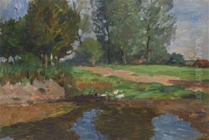 Dorflandschaft Mit Enten An Einem Weiher Dorflandschaft Mit Enten An Einem Weiher