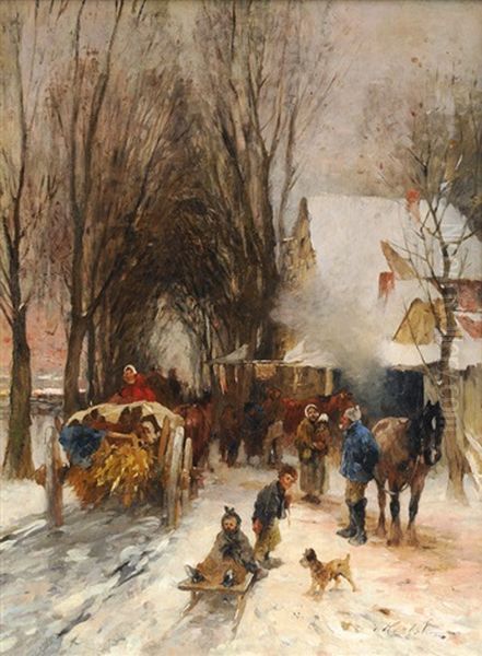 Busy Winterly Village Street - view 1