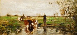 Hirtin Mit Kuhherde An Der Tranke by Thomas Ludwig Herbst