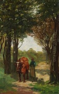 Kuhhirtin Auf Einem Waldweg Kuhhirtin Auf Einem Waldweg
