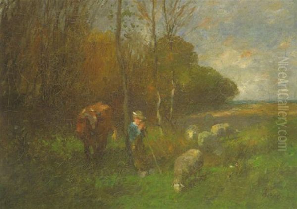 Hirtenknabe Mit Seiner Herde In Landschaft - view 1