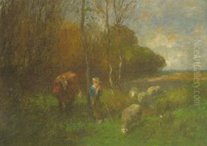Hirtenknabe Mit Seiner Herde In Landschaft Hirtenknabe Mit Seiner Herde In Landschaft