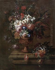 Roses, Narcissi, Morning Glory And Other Flowers In A Terracotta Vase On A Stone Ledge by Jacobus Melchior van Herck