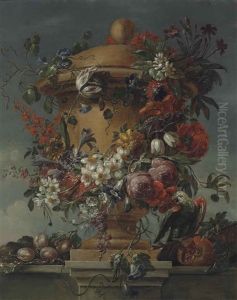 A Garland Of Roses, Narcissi, Morning Glory And Other Flowers On An Urn, With A Parrot, A Pomegranate And Plums On A Stone Ledge by Jacobus Melchior van Herck