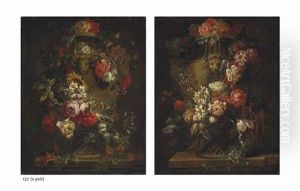 A Garland Of Roses, Peonies, Daffodils, Tulips, Morning Glories And Other Flowers And A Garland Of Peonies, Roses, Snowball, Tulips, Hyacinths (pair) by Jacobus Melchior van Herck