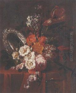 Roses, Parrot Tulips, Chrysanthemums, Narcissi And Other Flowers In A Vase With A Silver Plate On A Partly Draped Table