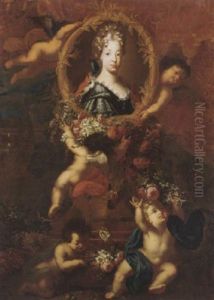 Portrait Of Maria Luisa Of Savoy, Queen Of Spain, In A Garland Held Aloft By Putti With Flowers In A Landscape by Jacobus Melchior van Herck