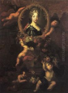 Portrait Of Maria Luisa Of Savoy, Queen Of Spain, In A Cartouche Decorated With Garlands, A Classical Landscape Beyond