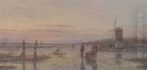 Hollandische Kanallandschaft Mit Schlittschuhlaufern by Julius Herckenrath
