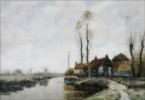 Dutch Cottage In River Landscape by George Linton Herdle