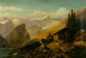 An Alpine Landscape With A Goatherd And Goats By A Cabin In The Foreground