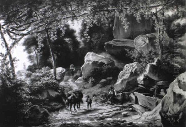A Mountainous Wooded Landscape With Peasants On A Track - view 1