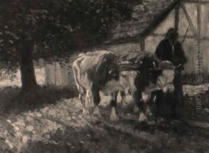 Bauerin Mit Ochsengespann Vor Der Scheune Auf Besonntem Weg by Richard Herdtle