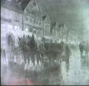 Abendliches Markttreiben An Der Hauptstatter Strasse In Stuttgart Mit Pferdewagen Und Figurenstaffage Abendliches Markttreiben An Der Hauptstatter Strasse In Stuttgart Mit Pferdewagen Und Figurenstaffage