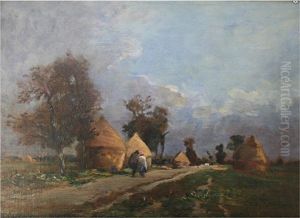 Two Figures On A Path Near Haystacks