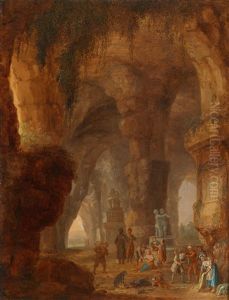 Grottenbild Mit Eleganter Figurenstaffage (+ Another; Pair) by Georg Heinrick Hergenroder