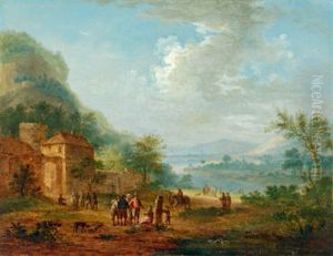 Bewaldete Landschaft Mit Figuren Vor Einem Ummauerten Ansitz