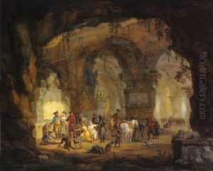 Im Innern Einer Felsenhohle Mit Antiken Monumenten Bewachen Soldaten Zwei Frauen Und Zwei Manner by Georg Heinrick Hergenroder