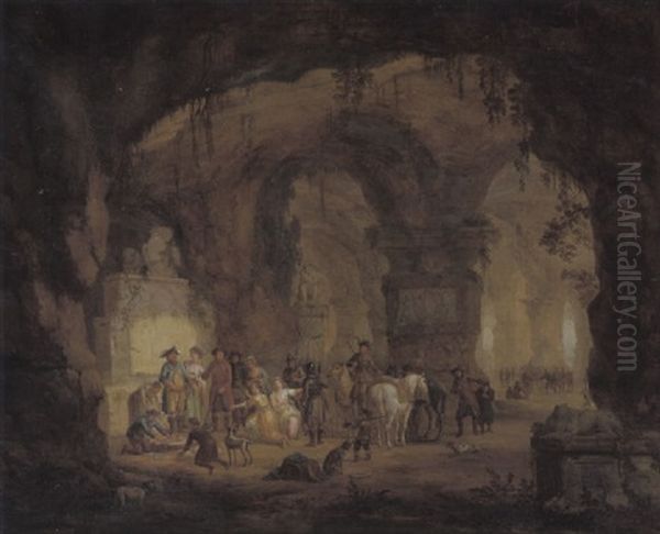 Zwei Junge Frauen Und Ein Mann Werden In Einer Felsgrotte Mit Steinernen Monumenten Einem Offizier Vorgefuhrt - view 1