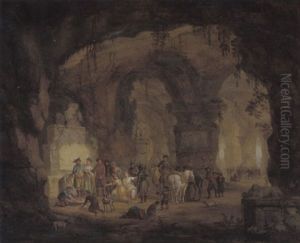 Zwei Junge Frauen Und Ein Mann Werden In Einer Felsgrotte Mit Steinernen Monumenten Einem Offizier Vorgefuhrt by Georg Heinrick Hergenroder
