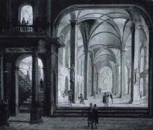 The Interior Of A Cathedral With Elegant Figures Gathered In The Nave