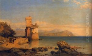 A View Of Lake Garda With Figures And Donkeys On A Path